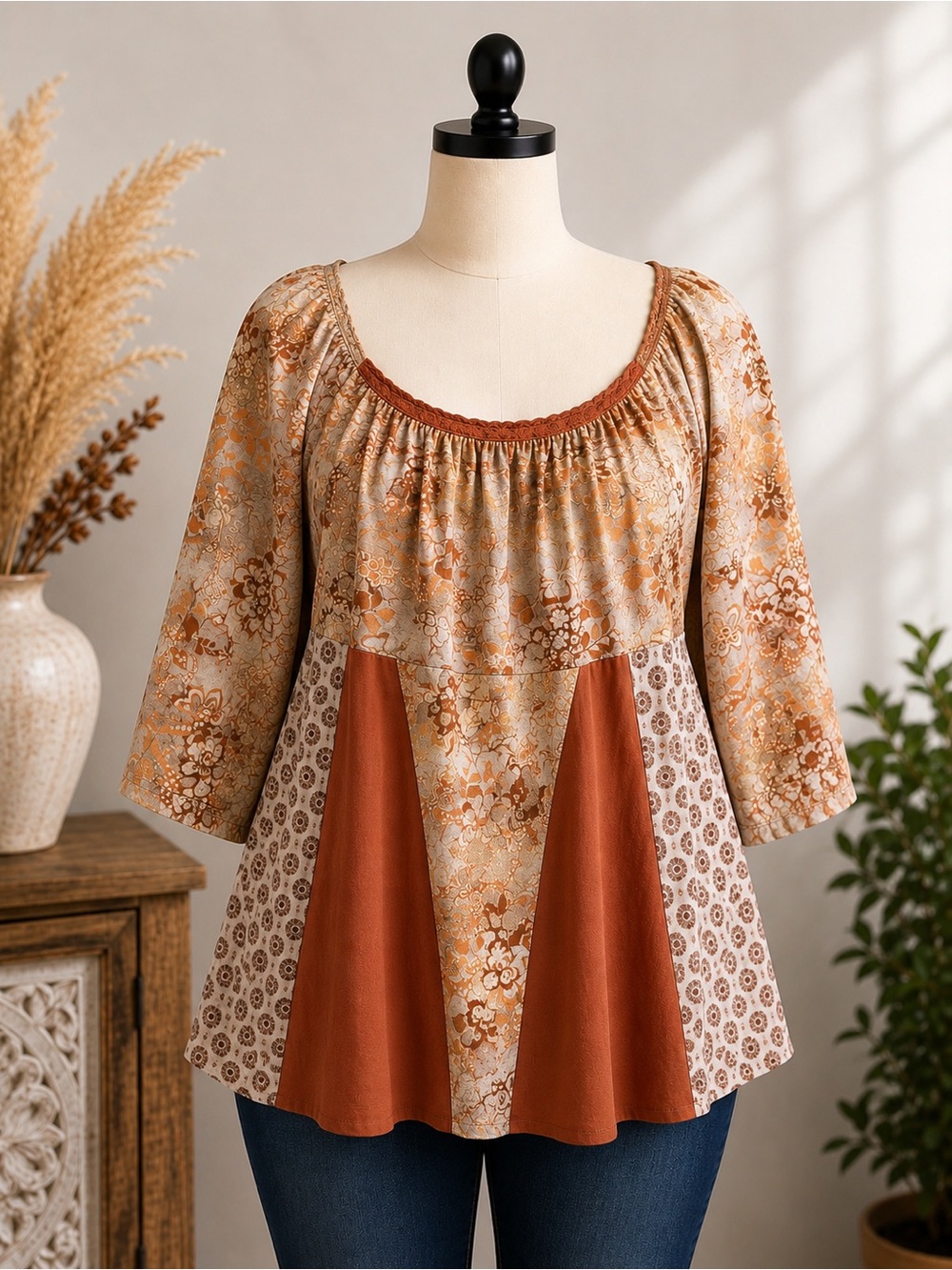 Venezia size 18-20 Boho 23-29” ptp Rust & Cream Floral Peasant Top 31” length